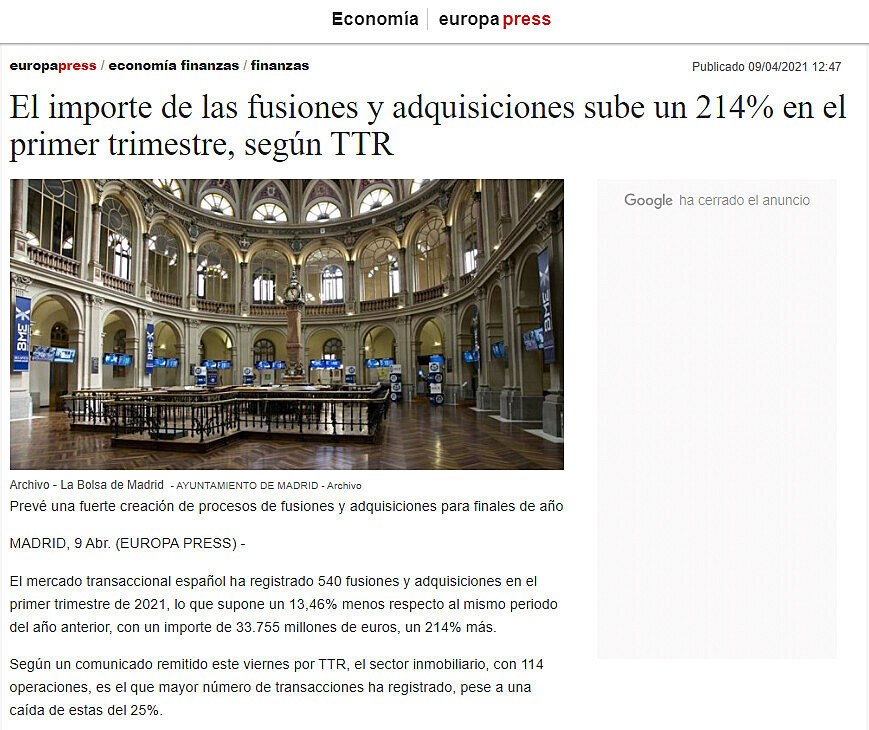 El importe de las fusiones y adquisiciones sube un 214% en el primer trimestre, segn TTR